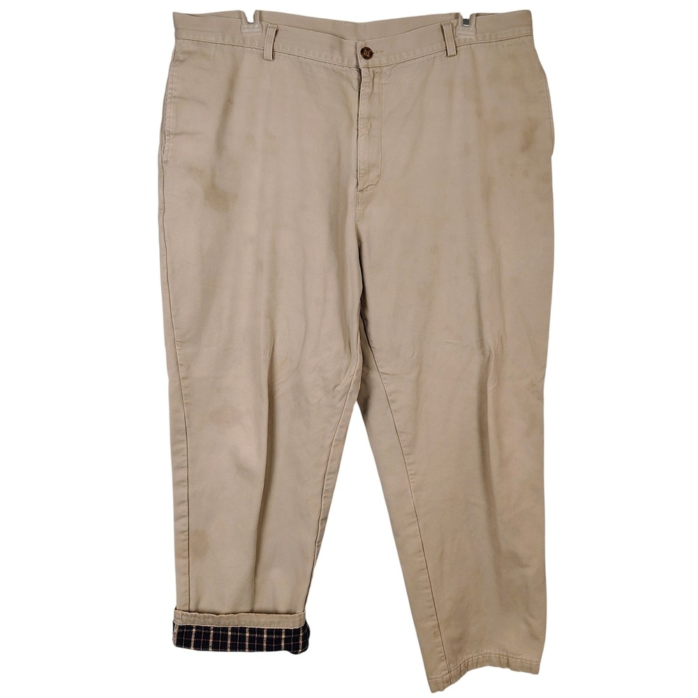 LL Bean Mens 42x32 Flannel Lined Chinos Khaki Natural Fit Cotton Pants